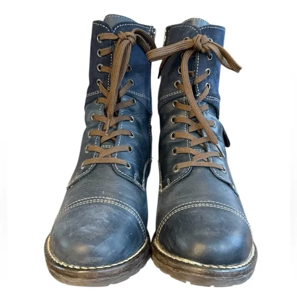Taos Crave Lace-up Side Zip Rich Navy Blue Distressed Leather Boot Women’s 8/8.5