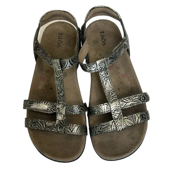 Taos Trophy Leather Sandals Floral in Pewter 6