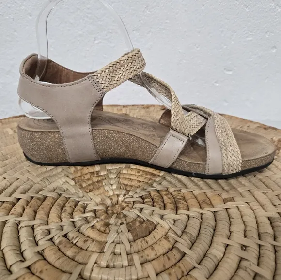 Taos Trulie Woven Leather Tan Strappy Low Wedge Sandals