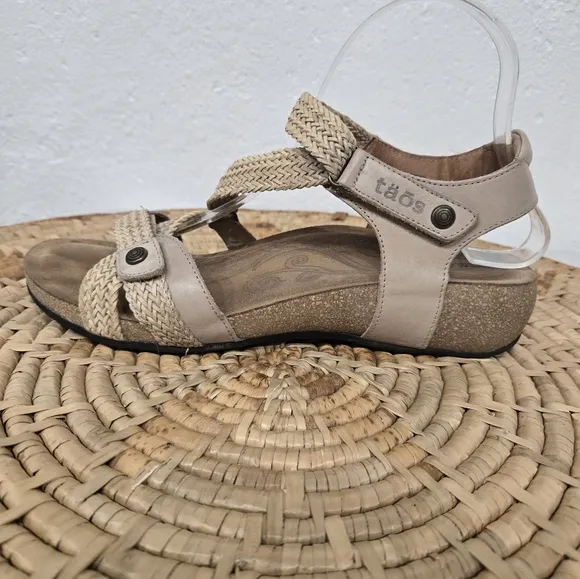 Taos Trulie Woven Leather Tan Strappy Low Wedge Sandals
