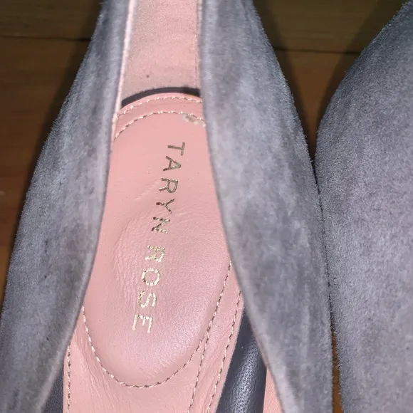 Taryn Rose Gray Suede and Silver Leather Embossed Rose Flats with 1 1/2” heel.