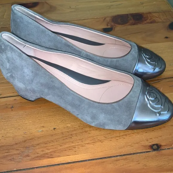 Taryn Rose Gray Suede and Silver Leather Embossed Rose Flats with 1 1/2” heel.