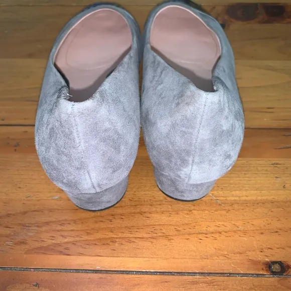 Taryn Rose Gray Suede and Silver Leather Embossed Rose Flats with 1 1/2” heel.