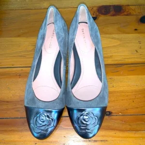 Taryn Rose Gray Suede and Silver Leather Embossed Rose Flats with 1 1/2” heel.