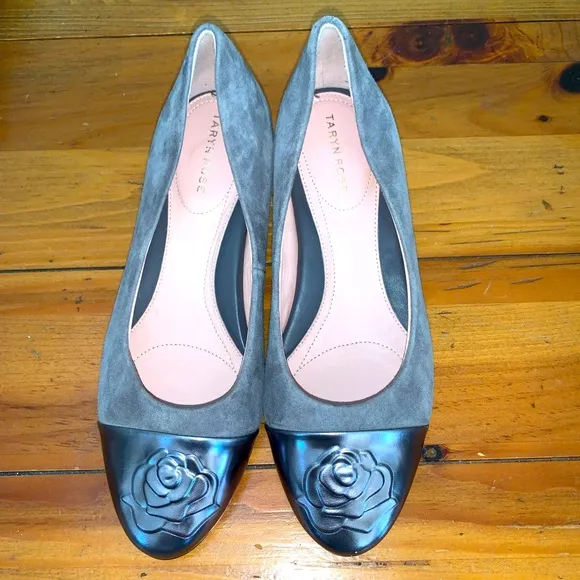 Taryn Rose Gray Suede and Silver Leather Embossed Rose Flats with 1 1/2” heel.