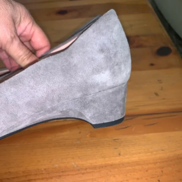 Taryn Rose Gray Suede and Silver Leather Embossed Rose Flats with 1 1/2” heel.