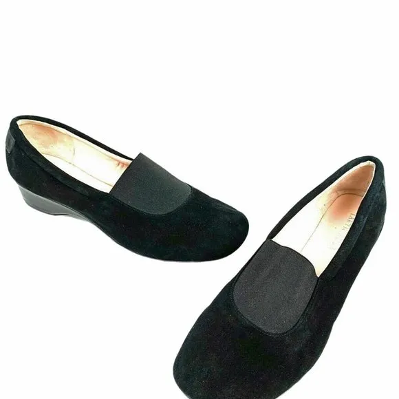 TARYN ROSE Kendall Black‎ Suede Slip On Low Wedge Flats
