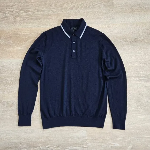 The Tie Bar Navy Tipped Long Sleeve Polo Small 100% Merino Wool Lightweight