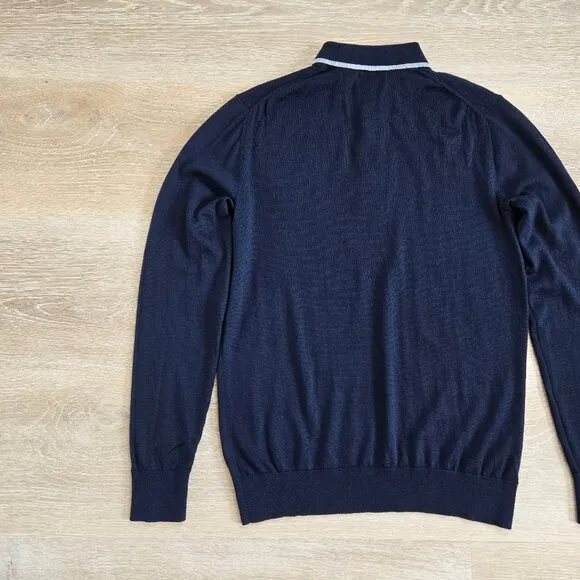The Tie Bar Navy Tipped Long Sleeve Polo Small 100% Merino Wool Lightweight