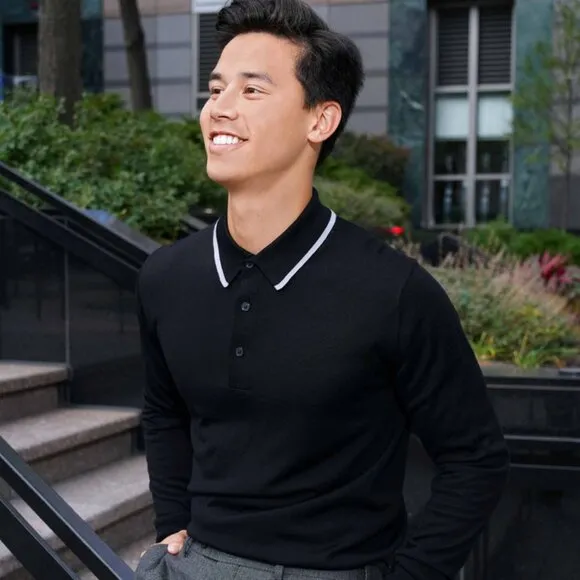 The Tie Bar Navy Tipped Long Sleeve Polo Small 100% Merino Wool Lightweight