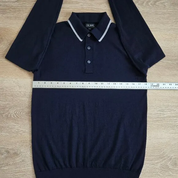 The Tie Bar Navy Tipped Long Sleeve Polo Small 100% Merino Wool Lightweight