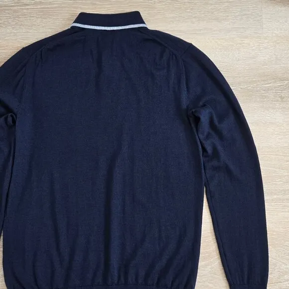 The Tie Bar Navy Tipped Long Sleeve Polo Small 100% Merino Wool Lightweight