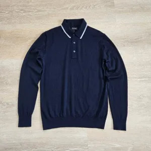 The Tie Bar Navy Tipped Long Sleeve Polo Small 100% Merino Wool Lightweight