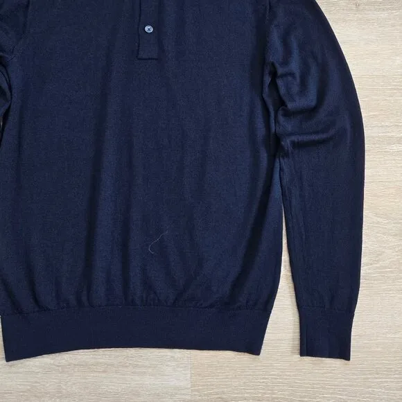 The Tie Bar Navy Tipped Long Sleeve Polo Small 100% Merino Wool Lightweight