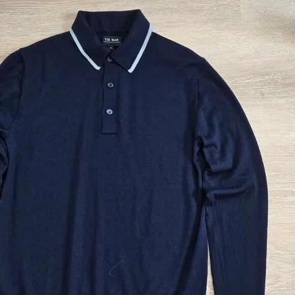 The Tie Bar Navy Tipped Long Sleeve Polo Small 100% Merino Wool Lightweight