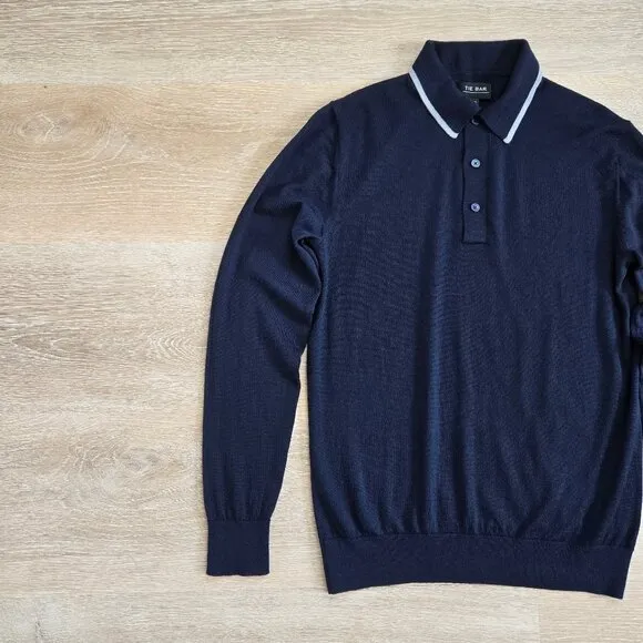 The Tie Bar Navy Tipped Long Sleeve Polo Small 100% Merino Wool Lightweight