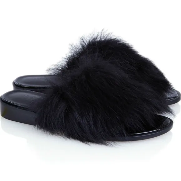 Tibi Kellen Leather Shearling Fur Slides Sandals