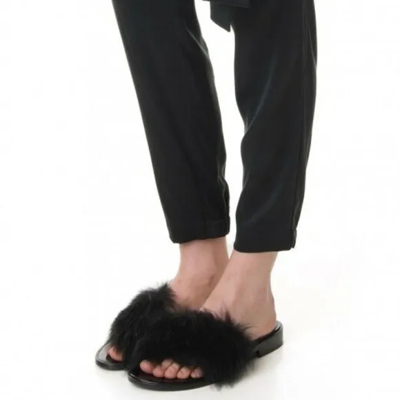 Tibi Kellen Leather Shearling Fur Slides Sandals