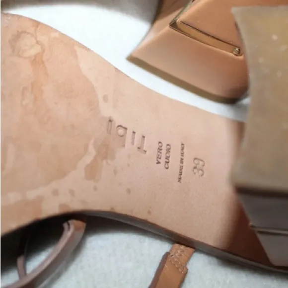 Tibi womens Mela triple strap leather sandals size 39 tan chunky heel open toe