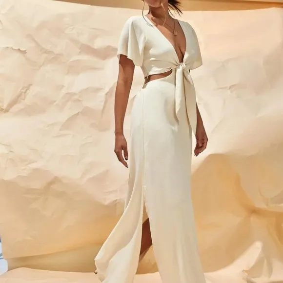 TIE FRONT CUT OUT SPLIT HEM MAXI DRESS BEIGE