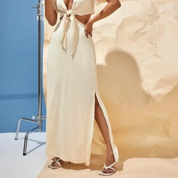 TIE FRONT CUT OUT SPLIT HEM MAXI DRESS BEIGE