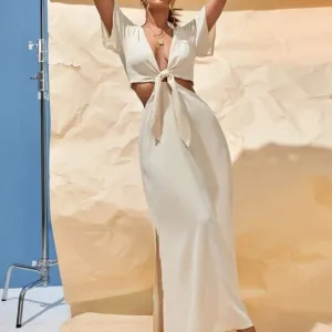 TIE FRONT CUT OUT SPLIT HEM MAXI DRESS BEIGE