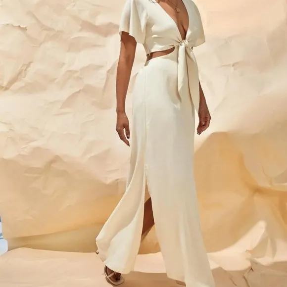 TIE FRONT CUT OUT SPLIT HEM MAXI DRESS BEIGE