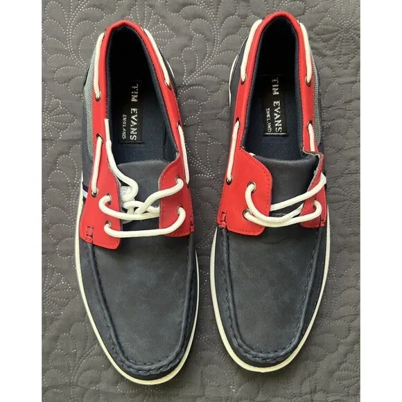 Tim Evans Patriotic Loafers Boat Shoes SZ 11 Red White Blue Canvas Lined Laces