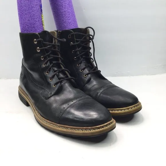 Timberland Boots Men Size 11 Black Leather Side Zip Lace Up