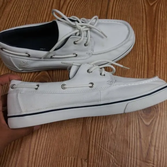 TIMBERLAND Canvas Earthkeepers Heritage 2-Eye WHITE Boat Shoes size 9