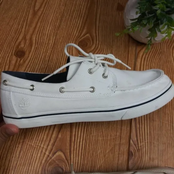 TIMBERLAND Canvas Earthkeepers Heritage 2-Eye WHITE Boat Shoes size 9