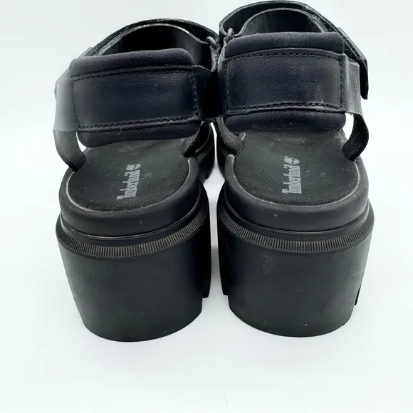 Timberland Everleigh Chunky Ankle Strap Platform Leather Sandal Black Size 10