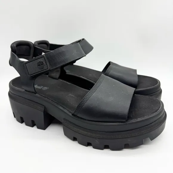 Timberland Everleigh Chunky Ankle Strap Platform Leather Sandal Black Size 10