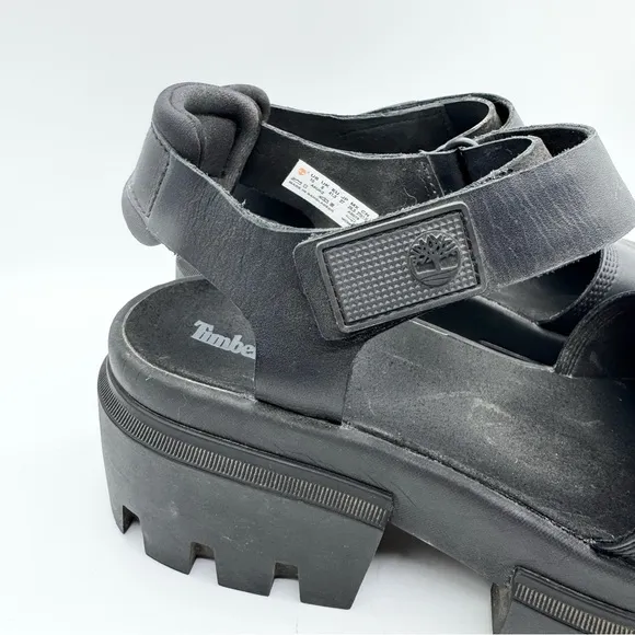 Timberland Everleigh Chunky Ankle Strap Platform Leather Sandal Black Size 10