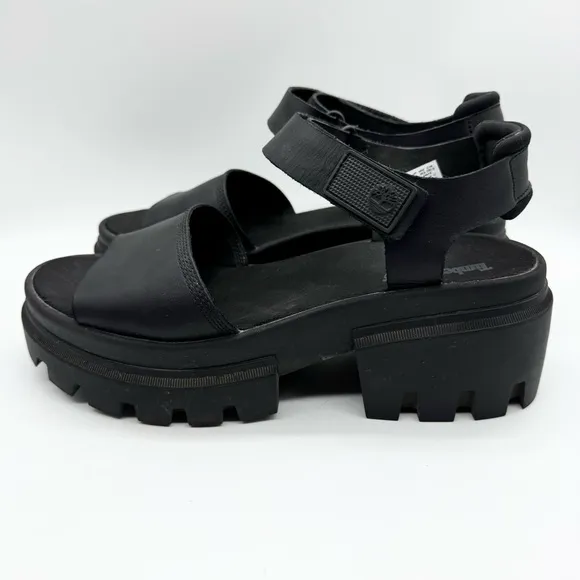 Timberland Everleigh Chunky Ankle Strap Platform Leather Sandal Black Size 10