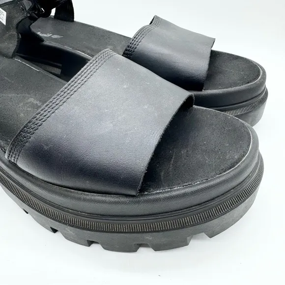 Timberland Everleigh Chunky Ankle Strap Platform Leather Sandal Black Size 10