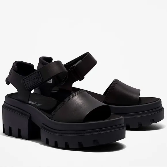 Timberland Everleigh Chunky Ankle Strap Platform Leather Sandal Black Size 10