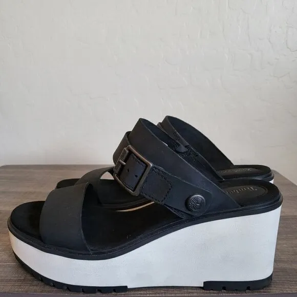 Timberland Koralyn Nubuck Leather Platform Wedge Sandals Black/White Women's 10