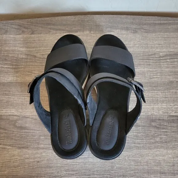 Timberland Koralyn Nubuck Leather Platform Wedge Sandals Black/White Women's 10