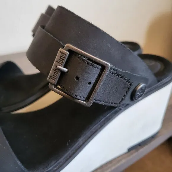 Timberland Koralyn Nubuck Leather Platform Wedge Sandals Black/White Women's 10
