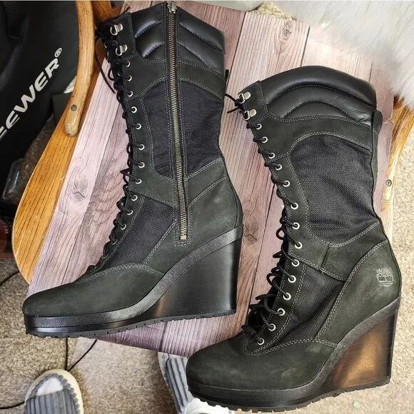 Timberland Rare Vtg Lace-up Side Zip Knee-high Black Wedge Womens Boots 8.5