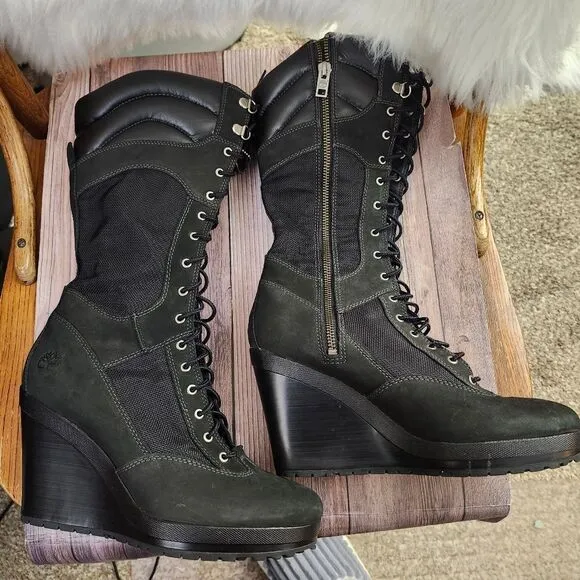 Timberland Rare Vtg Lace-up Side Zip Knee-high Black Wedge Womens Boots 8.5
