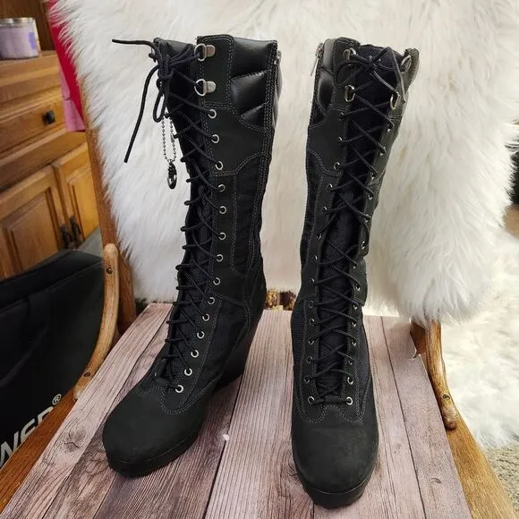 Timberland Rare Vtg Lace-up Side Zip Knee-high Black Wedge Womens Boots 8.5