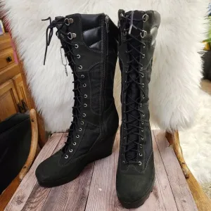 Timberland Rare Vtg Lace-up Side Zip Knee-high Black Wedge Womens Boots 8.5