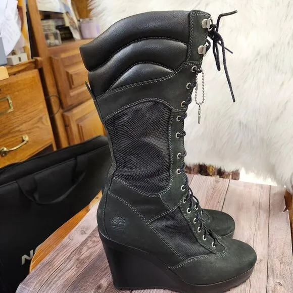 Timberland Rare Vtg Lace-up Side Zip Knee-high Black Wedge Womens Boots 8.5