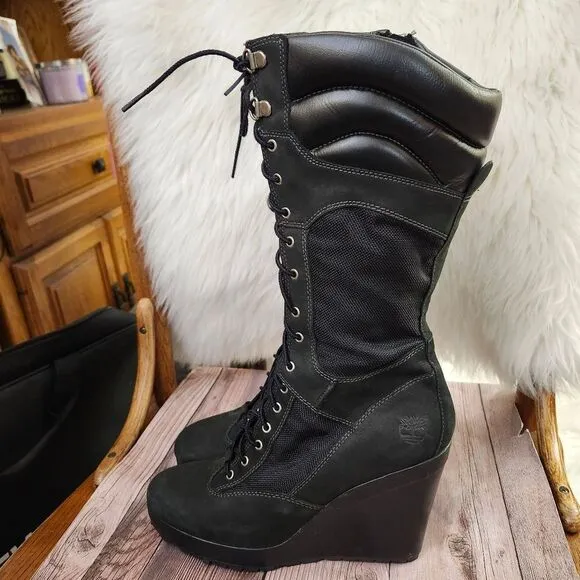 Timberland Rare Vtg Lace-up Side Zip Knee-high Black Wedge Womens Boots 8.5