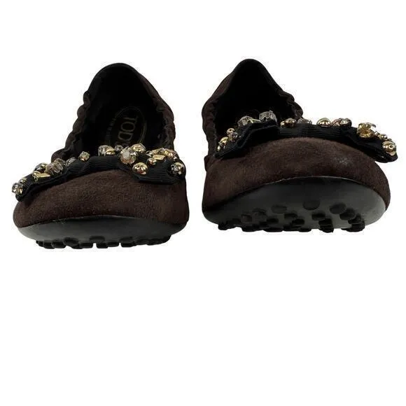 Tod's Brown‎ Suede Leather Sudded Bow Ballet Flats Women's Size EU 40 US 9