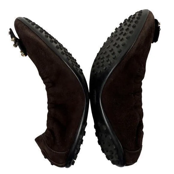 Tod's Brown‎ Suede Leather Sudded Bow Ballet Flats Women's Size EU 40 US 9