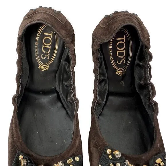 Tod's Brown‎ Suede Leather Sudded Bow Ballet Flats Women's Size EU 40 US 9