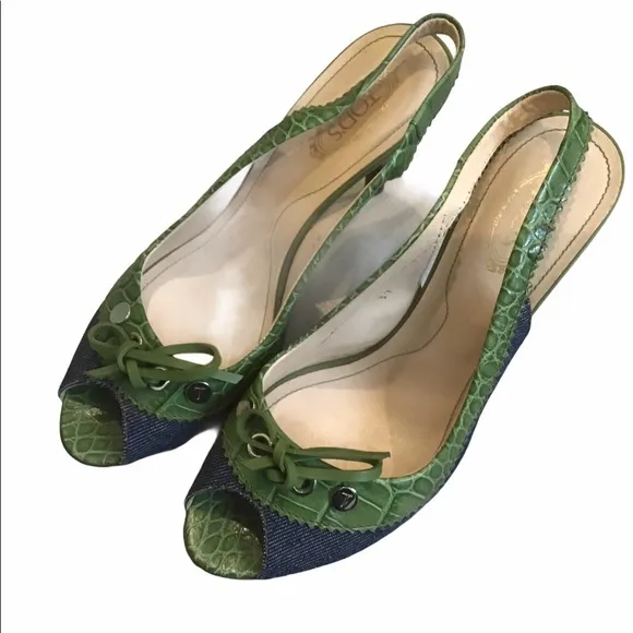 Tod's Fabric &amp; Leather Peep Toe Slingback Sandals